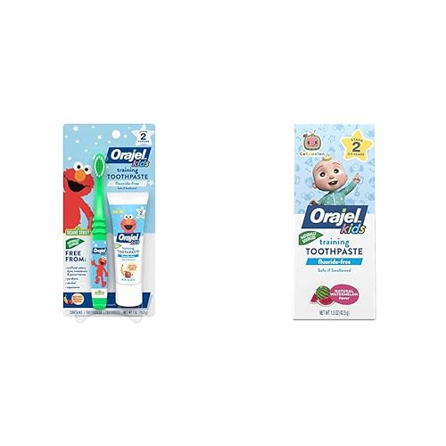 Miniatura 7 de Orajel Elmo - Limpiador de dientes y encías sin flúor con cepillo de dientes paquete combinado sabor a manzana y plátano sin flúor juego de 2 piezas