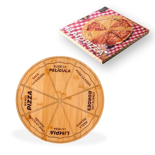 Fisura – Plato pizza original. Plato para pizza con mensajes divertidos en español. Tabla redonda con porciones uniformes de madera de bambú. 35 centímetros