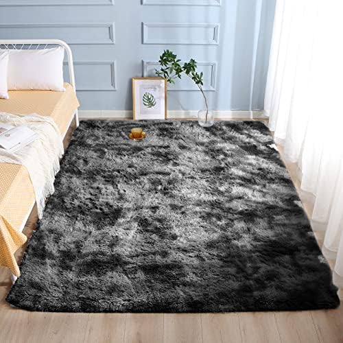 ROCYJULIN 8×10 Area Rug for for Bedroom, Ultra Soft Fluffy 8×10 Carpet for Living Room Non-Slip Shag Area Rugs Fuzzy Carpets for Nursery, Boys, Girls, Kids, Black Grey
