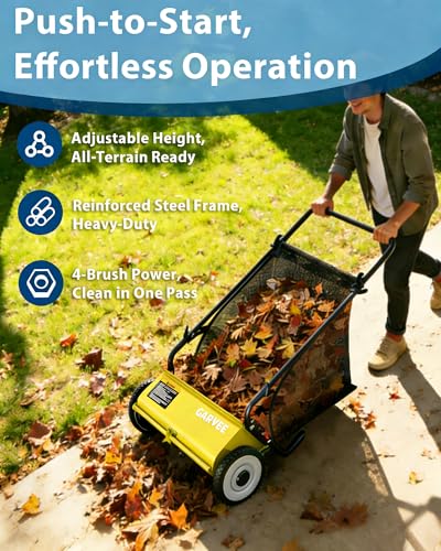 Image of Push Lawn Sweeper, 26 Inch Extra-Wide 4-Brush System, 7 cu.ft. Mesh Bag, Heavy Duty Steel Frame, Height-Adjustable Yard & Garden Cleaner for Leaves and Grass, Yellow