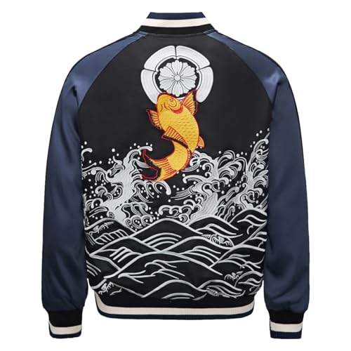 Satin Bomber Jacket Japanese Style Koi Carp Embroidery Streetwear Vintage Oversized Full-Zip Windbreaker for Men