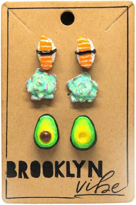 Stud Earrings for Women Set of 3 | Fun Hypoallergenic Pack of Earrings | Avocado Succulent Sushi Choose Your Own Variety