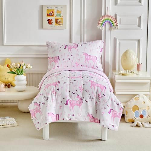 Image of Uniorn Toddler Bedding Set for Girls Light Pink Colorful Unicorn 4PC Toddler Bed Set - Soft Pink Flowers Cute Princess Toddler White Bed in a Bag with Pink Sheet Set and Pillow Shams