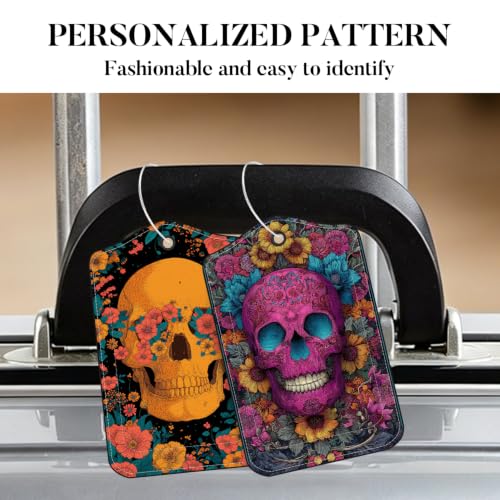 Image of Floral Skull Luggage Tags 2 Pack, PU Leather Privacy Flap