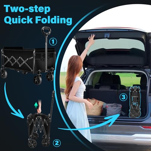 Image of Collapsible Wagon Cart with Wheels Foldable: 360LBS Heavy Duty Folding Utility Wagon - Portable All Terrain Grocery Wagon Cart for Groceries Shopping Outdoor Camping Fishing Sports (Dark Black)