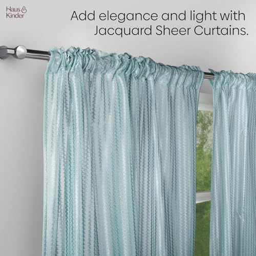 Image of haus & kinder Jacquard Sheer Window Curtains 5 Feet Long Pack of 2 Window Curtains, 5 Feet Curtains for Window, (Abstract Geometric Design, Aqua Strand, 114x152cm)