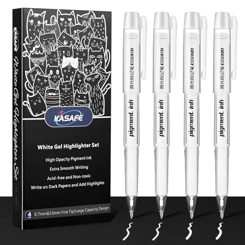 White Gel Pens 4 Pack - 2×0.7mm Fine & 2×1.0mm Bold Tips | Opaque Archival Ink, Quick Drying & Smudge-proof for Black Paper, Highlighting, Art, Illustration,...