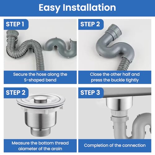 Image of HASTHIP Kitchen Sink Drain Pipe Kit with Universal Fit (3.35 inch-4.33 inch), Stainless Steel Drain Flange U-Shaped P-Trap, Water Retaining Lid, Anti-Clog & Anti-Odor, Robust Flange, for Home Use