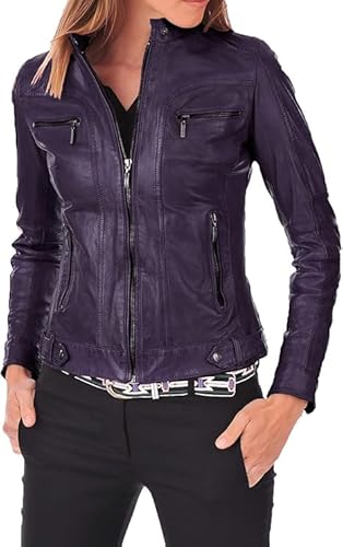 BEHWORE Faux Leather Jacket for Women, Vegan Jackets Motocycle Coat Moto Biker Outwear Coat Zip Up Fitted Slim Coat (US, Alpha, Large, Regular, Regular, faux leather purple women coat jacket)
