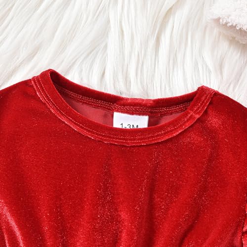 Baby Girl Christmas Dress Red Velvet Romper Dress Terry Trim Long Sleeve Jumpsuit with Santa Hat Infant Xmas Outfit4