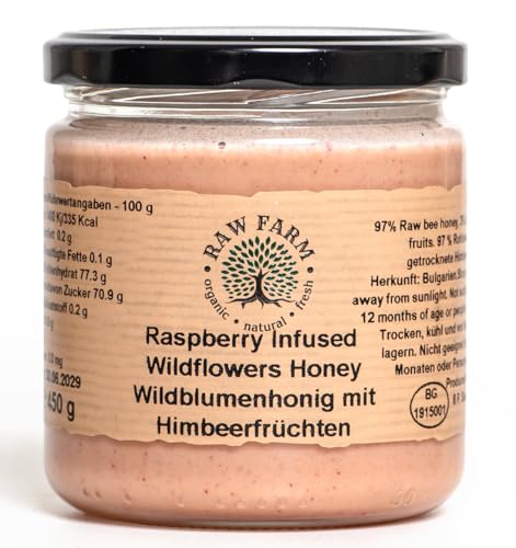 Raw Farm – Miel cruda de flores silvestres – 450 g – con frutos de frambuesa