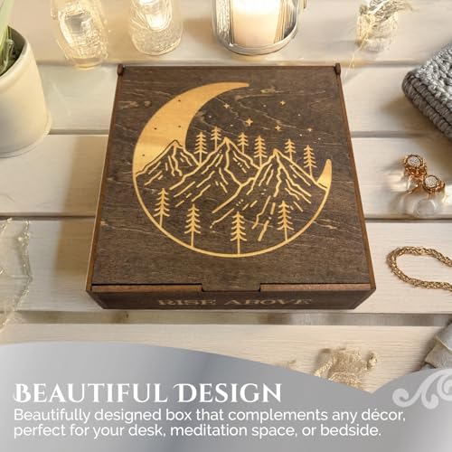 Image of Positive Affirmations Box | Mountain Themed Engraved Wood Box with 72 Positive Affirmation Heart Cutouts | Daily Motivational Gift for Women