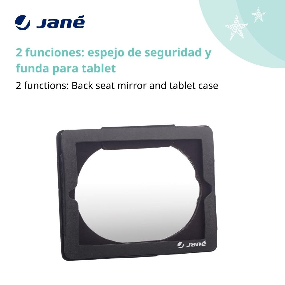 Jané Espejo de Seguridad para Coche, con Funda para Tablet y Minitablet, Vigilancia del Niño Durante la Conducción, Negro
