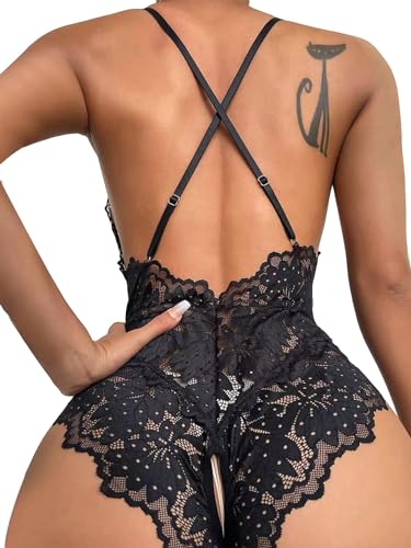 SOLY HUX Women's One Piece Lingerie Sexy Lace Babydoll Deep V Teddy Criss Cross Backless Teddy Mini Bodysuit Pure Black