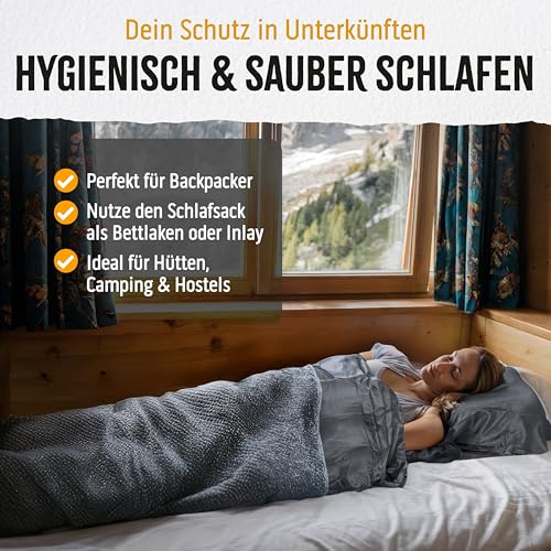 Backpacker's Journey Hüttenschlafsack (nur 168g), ultraleichter und platzsparender Reiseschlafsack aus Polyester. Ideal für Backpacking, Hostels und Hütten (90 cm, grau)