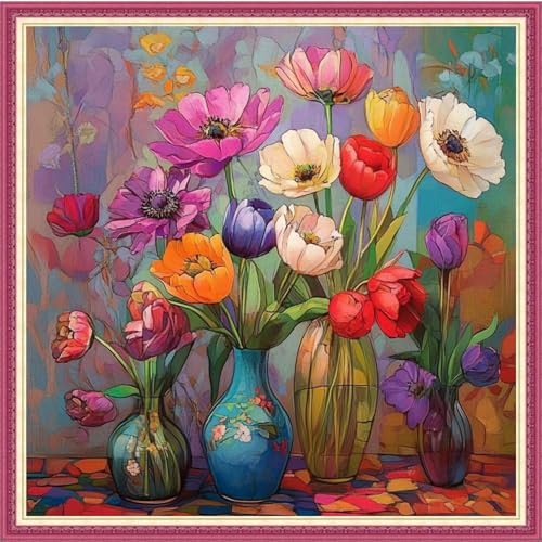 Image of Fanxvivy Stamped Cross Stitch Kits for Beginners Full Range of Cross Stitching Preprinted Embroidery Kits for Adults, 11CT Embroidery Pattern Needlepoint Kits-Colorful Flowers Corner wall 18x18 inch