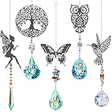 Sonnenfänger Kristall Windspiel,5 Stück Baum Eulen Kolibri Schmetterling Fee Kristall Anhänger Deko,Regenbogen Sonnenfänger Kristal,Fensterdeko Hängend für Zuhause Büro Garten Outdoor Deko