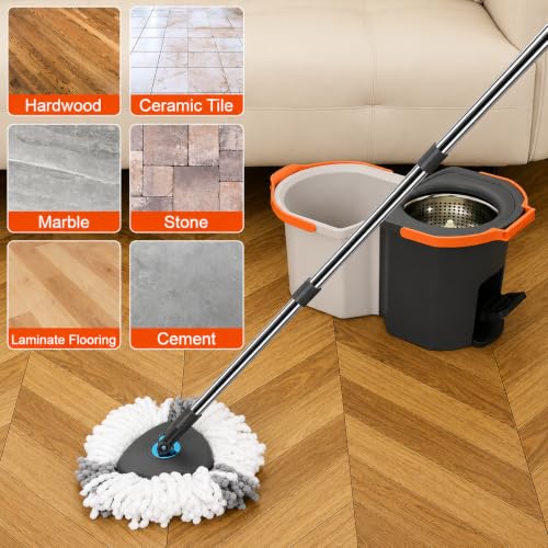 Image of EXVITO 360Spin Mop with Bucket | Dual Drive Floor Cleaning System with Stainless Steel Wringer | Super Absorbent Microfiber Heads 2 Refills Easy Self-Wringing MopSet for Home &Office - Pedal White