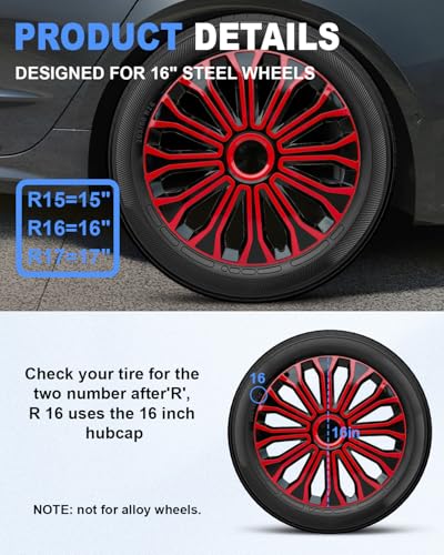 Image of ABX Hubcaps,16 inch hubcaps Set of 4, Wheel Rim Cover ABS Material, Snap On Car Truck SUV Replacement, for Toyota Camry Nissan Mazda etc, Black&Red