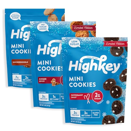 HighKey Holiday Variety Pack - Low Carb Cookies - Peppermint, Snickerdoodle, Ginger Spice - Low Sugar & Gluten Free Snack - Diet Friendly Sweets - 2 Ounce (Pack of 3)