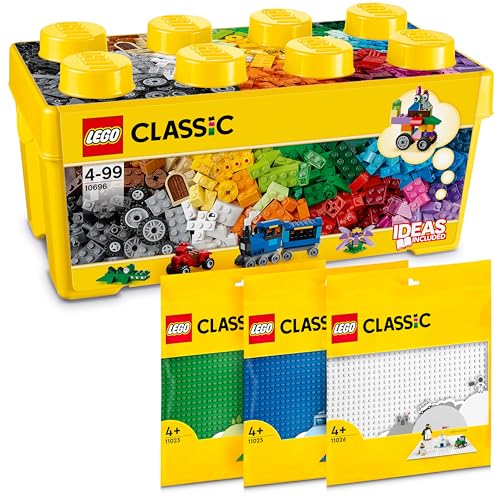 Lego Classic Bausteine Box Mittelgroß + Grüne, Blaue & Weiße Lego Platte: Aufbewahrungsboxen & Lego Platten Bundle, Steinebox mit Bauplatten, Bausteine Box und Baseplate, ab 4 Jahre - Lego Starterset