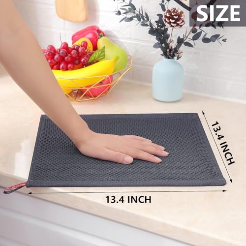 Image of Kitchen Cotton Lint Free Waffle Weave Hand Towels, Quick Drying Dish Cloths, Highly Absorbent Dish Rags Tea Towels Set with Hanging Loop, 13.4 inchx 13.4 inch, Dark Grey, Pack of 4