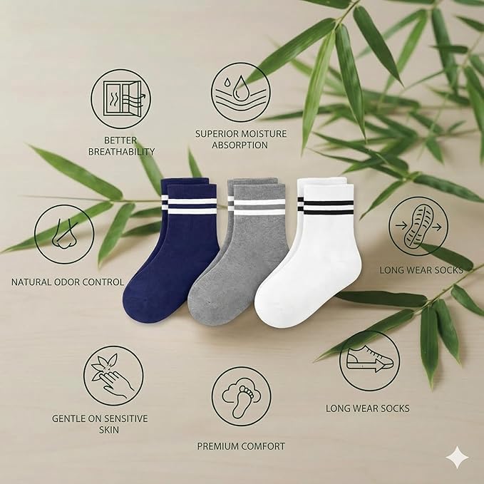 Image of Kids Bamboo Cotton Socks for Boys & Girls | Ultra-Soft, Breathable & Anti-Odor | Stretchable Socks for School & Casual Use (Pack of 4, Age 4-9 Years)