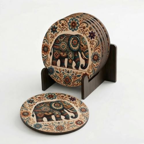 designer wooden tea coffee coaster set of 6 with holder stand | heat resistant drink coasters for tea cups, coffee mugs & glasses | decorative table protector for dining table home kitchen office