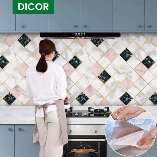 Image of KASHIVAL Pink & Black Kite Marble Pattern Kitchen Anti-Oil Stickers Wallpaper Self Adhesive Kitchen Waterproof Aluminum Kite Marble Wall Stickers 3D WallPapers Aluminum Foil Self Adhensive Wallpaper Kite Foil Self-Adhesive Anti Oil 3D WallPaper Sticker (301 Square Marble 60*200cm)