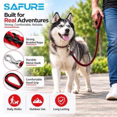 Image of Dog Leash Heavy Duty, Braided Nylon 120 cm Long and 3 cm Wide Dog Belt for Large Dogs and Medium Dogs, Walking Rope with Loop Handle and Swivel Metal Hook (Red and Black)