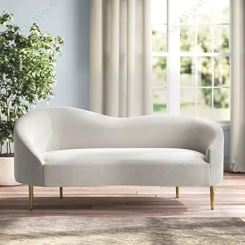 Image of Rosewood Luxury Curved Sofa in Premium Velvet-Fabric | Solid Wood Structure | High Density Foam | Sturdy Golden Legs | Comfortable & Stylish Couch for Modern Living Room (Cream, 2 Seater)