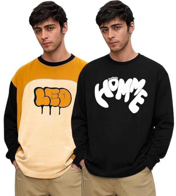 Image of LEOTUDE Oversized Full Sleeve Cottonblend Graphic Printed Round Neck Drop Shoulder Tshirt for Man (Color Mustard)