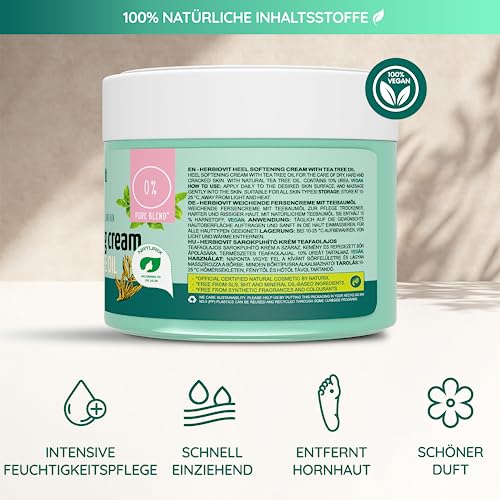Herbiovit vegan Fußcreme gegen Hornhaut Schrunden 250ml mit Teebaumöl Salbei und 10% Urea Fusscreme | natürliche Fußpflege für trockene rissige Fersen | Fersencreme Hornhautentferner Fersensalbe