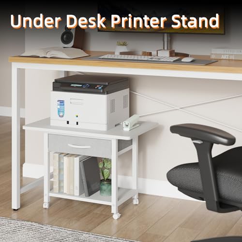 Image of YAOHUOO 22 inchx15 inch Large Printer Stand with Drawer, 2-Tier Rolling Table Cart | Under Desk Printer Table,Storage Fabric Drawer,Fit printer /fax /3d /scanner,4 Lock Wheels or Feet,For Home Office Dorms,White