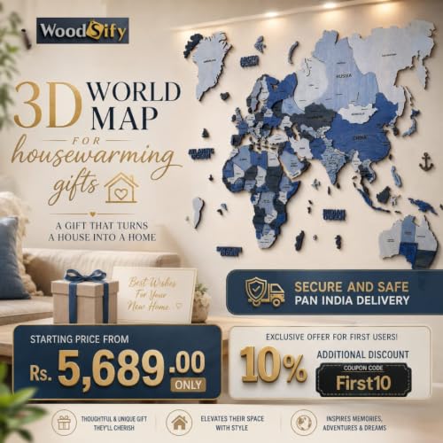 Image of Woodsify 3D Wooden World Wall Decor for Home & Office, Birch Plywood XL Full Pack with Countries, States & Capitals Names, Large Educational Travel-Themed Wall Art (All Blue) - 200 x 120 CM