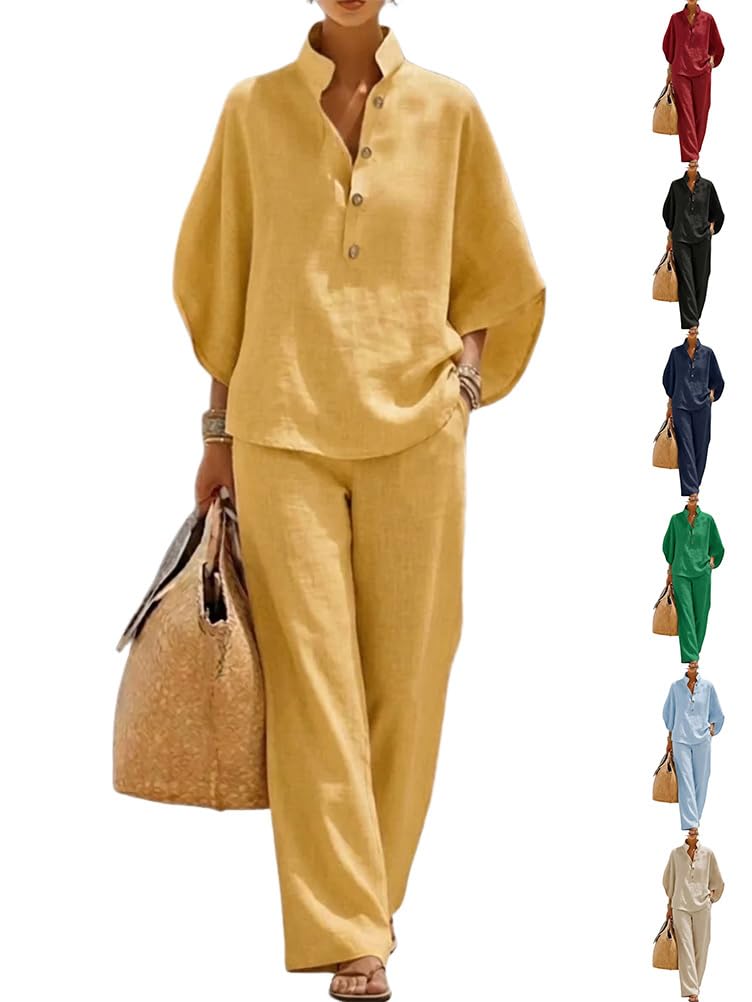 shownicer Ensemble Femme Coton et Lin 2 Pièces Chic et Elegant Tenue Manches 3/4 Tops Et Pantalon Ensembles en Lin Ete Décontractée Tenue