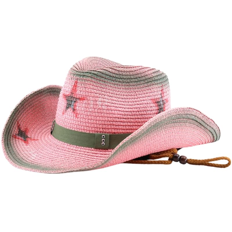 Pink Straw Cowboy Hat with Star Print, Shapeable Brim, Adjustable Chin Cord Bedwina Pink Cowgirl Hats for Kids, 2-Pack, LED Tiara  main image 3