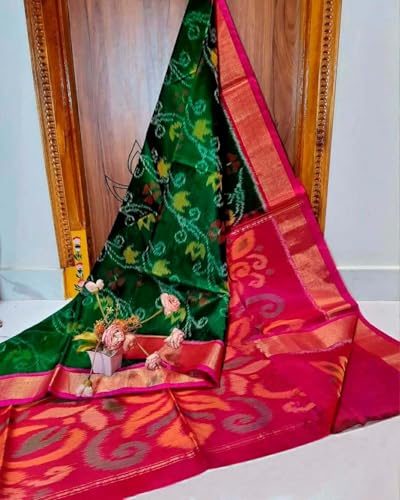 Image of AYYAPPASILK Women's Exclusive Ikkat Silk Saree for Designer Border with Contrast Blouse