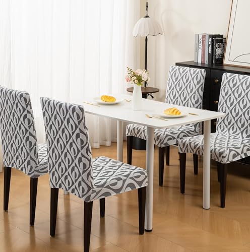 Image of HOMETHREADS Stretchable Elastic Jacquard Chair Seat Cover - Removable & Washable, Durable Seat Protector for Dining Room, Kitchen, Restaurant & Party Chairs (Grey, Pack of 4)