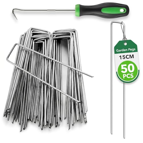 Scott 11 Weed Membrane Pegs - 15 cm (150mm) U-Shaped Heavy Duty Galvanised Garden Pegs with Peg Picker Tool Garden Pins for Securing Matting Netting Ground Fabric & Outdoor Use (50 Pack)