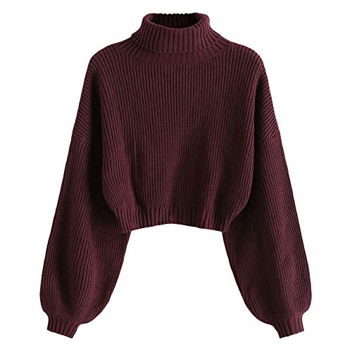 ZAFUL Women's High Neck Lantern Sleeve Ribbed Knit Pullover Crop Sweater Jumper (B-Wine Red, M)
