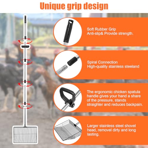 Image of 15 inch Large Chicken Poop Scooper with Ergonomic Grip, 6 in 1 Detachable Chicken Scooper for Poop Shovel (20 to 79 inch), Stainless Steel Sifting Shovel for Chicken Coop /Goat Stall /Stable Cleaning Tool