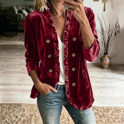 Velvet Blazer for Women Ruffle Trim Open Front Button Casual Jacket - image 2