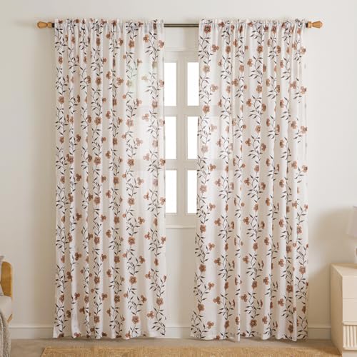 Image of HOMEMONDE Cotton Curtains 8 Feet Long - Transparent Printed Floral Light Filtering Sheer Long Door Curtain, Rod Pocket Top Style Pack of 2 - (Velora Vines, 96 Inch)