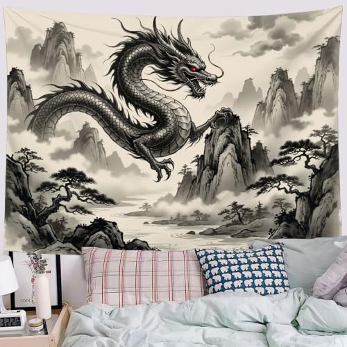 Tapiz de pared con pino y dragón oriental, el arte en tinta negra ideal para cambiar tu dormitorio