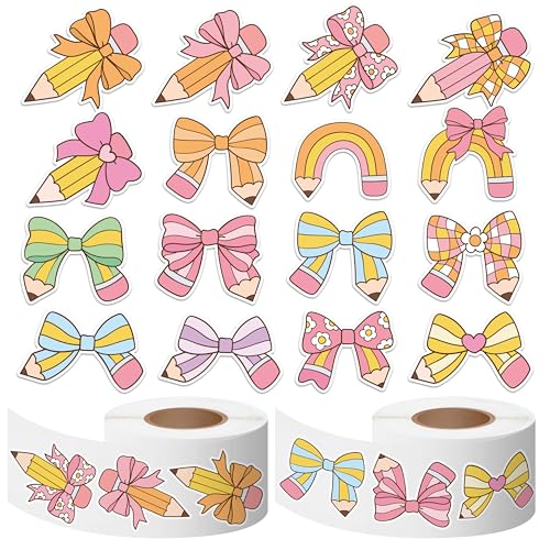 CNhoqc Pencil Bow Sticker Roll - 1000pcs Coquette Pink Waterproof Vinyl Reusable Laptop Stickers Coloring Book Scrapbook Water Bottle Page Activity Pad Classroom Birthday Party Favors Kids Skateboard