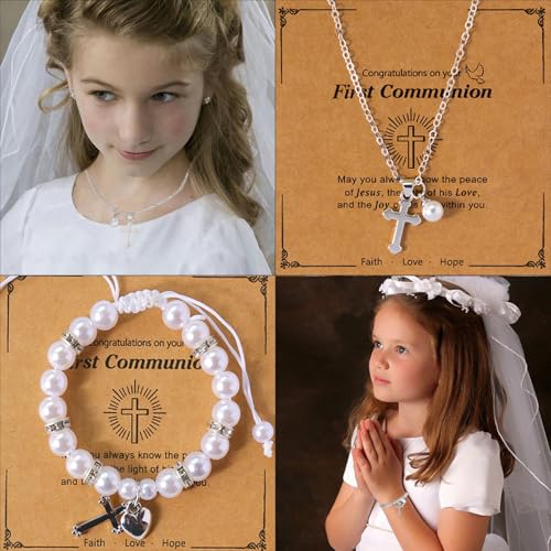 First Communion Gifts for Girls- First Holy Girl Figurine with Keepsake Box & Flower Girl Headpiece & Cross Necklace & Cross Bracelet Included, 1st Communion Gifts for Girls3