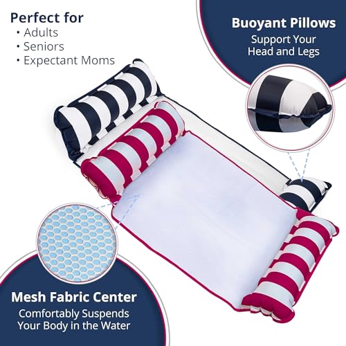 Image of Aqua 4-in-1 Monterey Hammock Pool Float & Water Hammock, Multi-Purpose, Inflatable Pool Floats for Adults, Patented Thick, Non-Stick PVC Material, One Navy & One Burgundy /White Stripe, 2-Pack