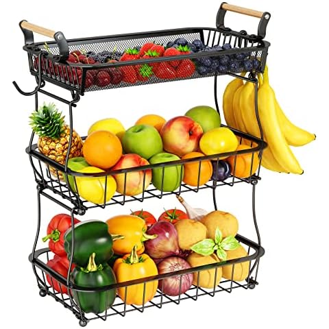 Miyawell 3-Tier Fruit Basket with Hangers Cover
