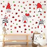 Spring Ladybug Gnome Wall Decals Ladybug Gnome Wall Stickers Removable Gnome Love Bug Wall Stickers Art Decor for Spring Bedroom Living Room Wall Art Home Decor